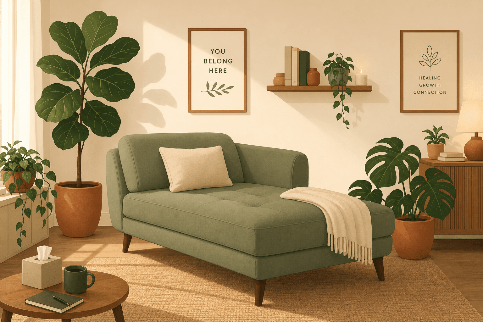 A cozy, plant-filled space with a sage-green chaise lounge — the kind of space where you can finally exhale